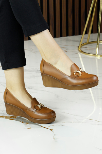 Erkan Saçmacı Hayley Tan Genuine Calfskin Buckle Round Toe Wedge Heeled Casual Shoes