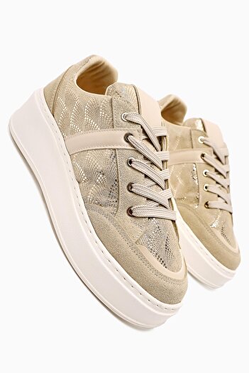 Limoya Julissa Beige Suede Shiny Patterned Thick Sole Women's Sneakers
