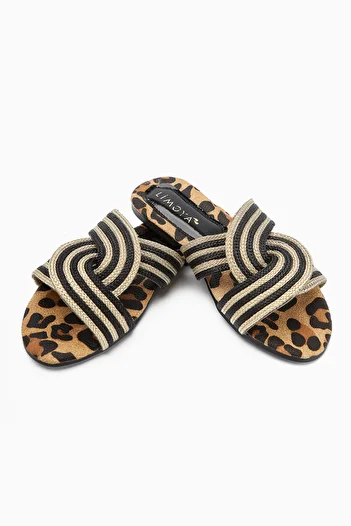 Limoya Nihaal Gold Leopard Cross Strap Flat Sole Women's Slippers