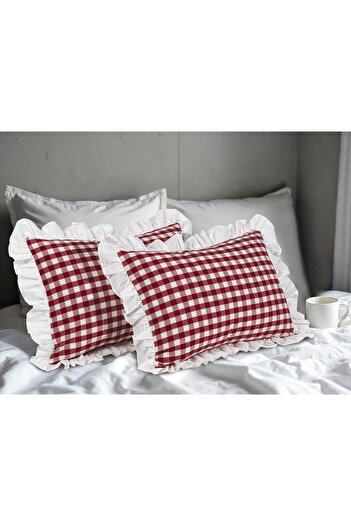 Erba kreasyon Ruffle Pillow Case Gingham Pattern Ruffle Pillow Case 2Pcs 100% Duck Cotton Linen
