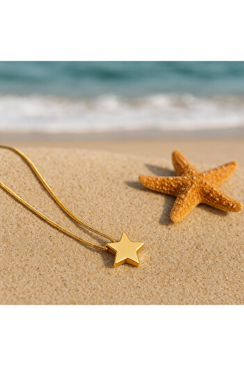 hexelle jewellery Altın Renk Yıldız Kolye – Kadın Minimal Çelik Kolye (Gold Renk Zincirli)