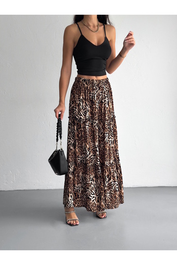 MaxiMor Women's Large Size Leopard Pattern Elastic Waist Ruffled Woven Fabric Long Skirt Length 100 cm