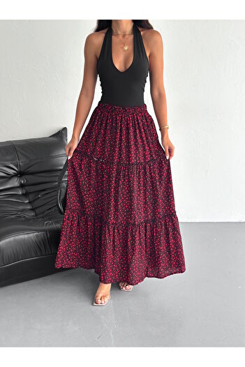MaxiMor Women's Large Size Red Color Elastic Waist Ruffled Woven Fabric Long Skirt Length 100 cm
