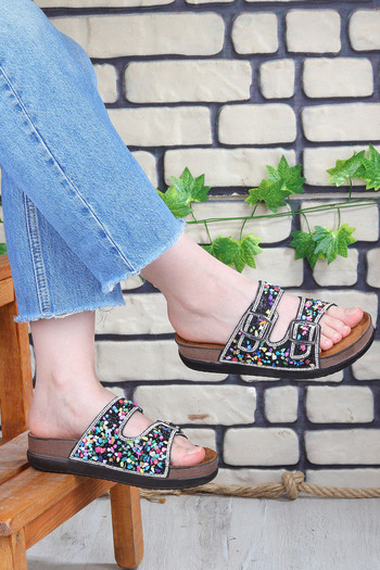 Vojo Guca Orthopedic Colorful Natural Stone Double Buckle Women's Slippers Black Color
