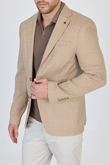 Frappoli Gerardo Erkek Camel Ekose Dokulu Poliviskon Kumaş Dar Kesim Slim Fit Spor Blazer Ceket