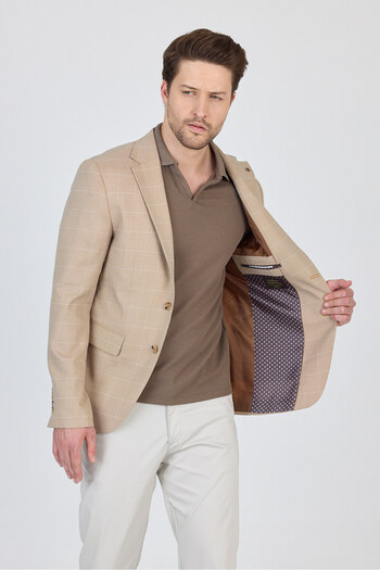 Frappoli Gerardo Erkek Camel Ekose Dokulu Poliviskon Kumaş Dar Kesim Slim Fit Spor Blazer Ceket