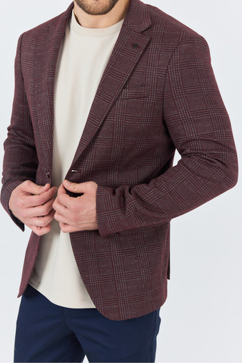 Frappoli Ribas Men's Burgundy Flexible Cotton Blended Plaid Patterned Sports Blazer Jacket