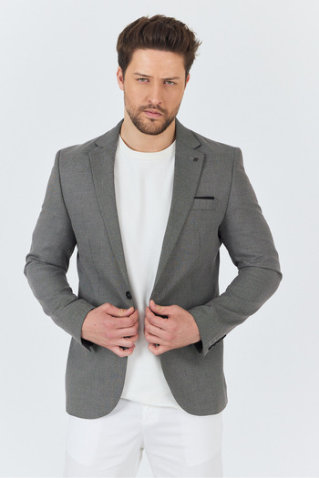 Frappoli Zenova Men's Black-Grey Textured Polyviscon Fabric Slim Fit Slim Fit Sports Blazer Jacket