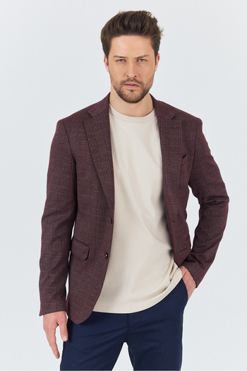 Frappoli Ribas Men's Burgundy Flexible Cotton Blended Plaid Patterned Sports Blazer Jacket