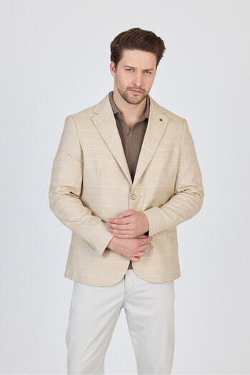 Frappoli Mendey Men's Beige Plaid Linen Look Slim Fit Sports Blazer Jacket