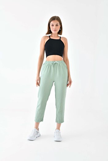 enmodaiçgiyim Pantaloni de damă din țesătură muselină verde 100% bumbac – pantaloni casual cu picioare înguste, buzunare, model confortabil