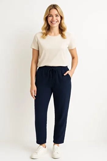 enmodaiçgiyim Pantaloni de damă din țesătură muselină din bumbac 100% albastru bleumarin – pantaloni casual cu picioare înguste, buzunare, model confortabil