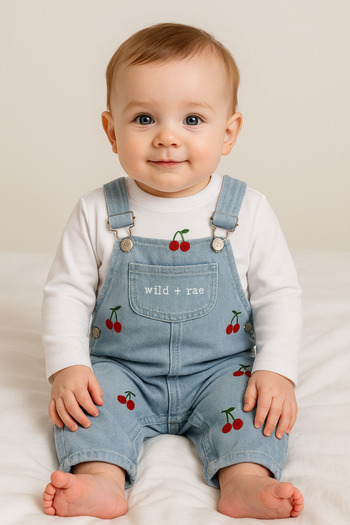 hümabebe Cherry Embroidery Knitted Denim Fabric Salopet Tshirt Summer Set of 2