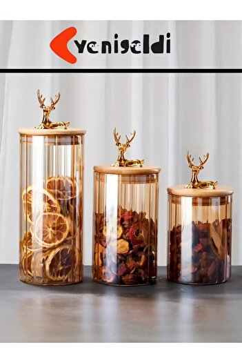Yenigeldi (9X10Cm) 600ml 2Pcs Amber Color Geyikli Glass Storage Jar Deer Head Gold Color Y-482