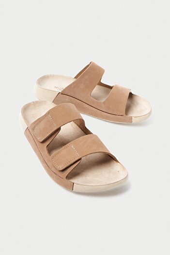 Mubiano Genuine Leather Summer Women's Double Striped Nubuck Special Sole Beige Slippers - Mssr26-Bj
