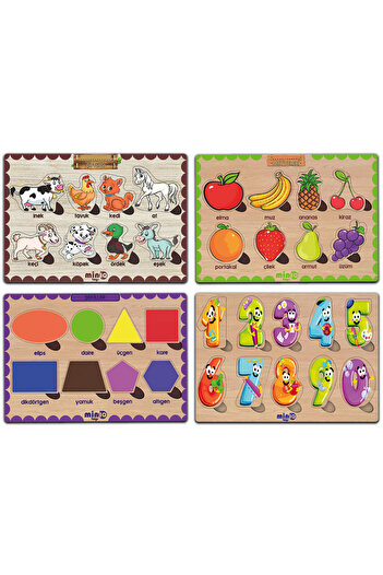 minİQ toys Ahşap Türkçe Ciftlik Hayv.+meyveler-sekiller-sayilar 4’lü Set Eğitici-öğretici Yapboz
