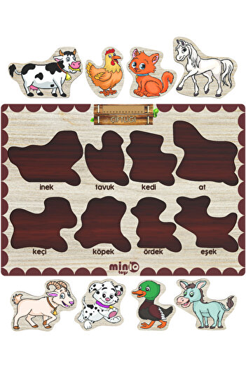 minİQ toys Ahşap Türkçe Ciftlik Hayv.+meyveler-sekiller-sayilar 4’lü Set Eğitici-öğretici Yapboz