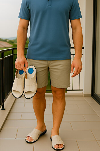 Growish Gr0343 Genuine Soft Leather Inside and Outside Non-Slip Rubber Sole White Bone Color Comfortable Slippers