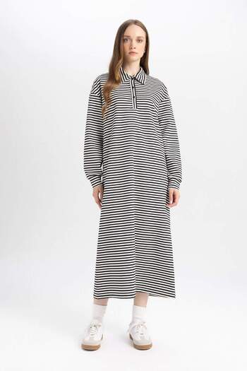 DeFacto Relax Fit gestreiftes Maxikleid mit Reißverschluss und Polokragen und langen Ärmeln D9062AX24WN