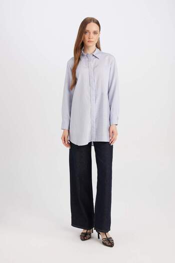 DeFacto Relax Fit Shirt Collar Slit Long Sleeve Striped Shirt Tunic D7199Ax24Wn