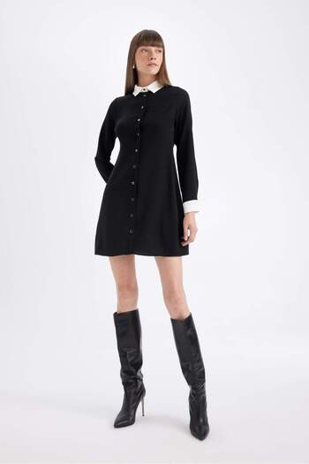 DeFacto Shirt Collar Basic Plain Button Crepe Long Sleeve Mini Black Dress D2874Ax24Au