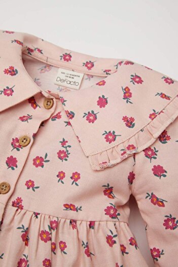 DeFacto Baby Girl Wide Collar Button Floral Long Sleeve Twill Dress D2545A524Au
