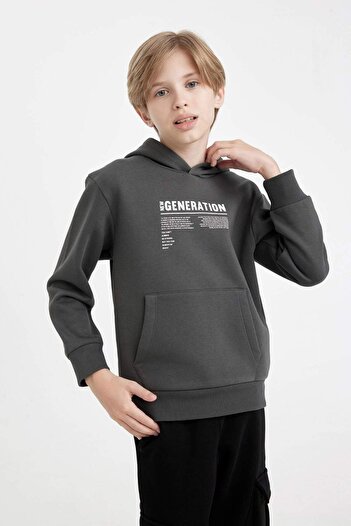 DeFacto Erkek Çocuk Cepli Yazı Baskılı Kapüşonlu Okul Sweatshirt C7567A824WN