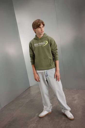 DeFacto Khaki Boy's Sweatshirt - Back Printed, Hooded and Pocket C9789A824Au