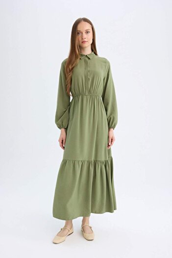DeFacto Gömlek Yaka Basic Düz Düğmeli Beli Büzgülü Uzun Kollu Maxi Elbise D5851AX24AU