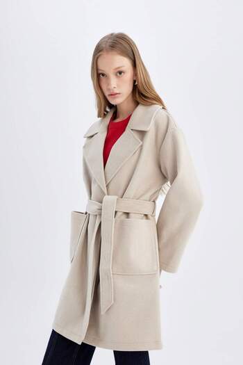 DeFacto Water Repellent Double Breasted Collar and Belted Long Stamp Coat with Pockets - Button Covering, Unlined C0922Ax24Au