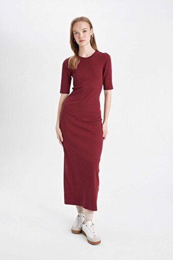 DeFacto Bodycon Vücuda Oturan Bisiklet Yaka Basic Düz Fitilli Kaşkorse Kısa Kollu Maxi Bordo Elbise D8623AX