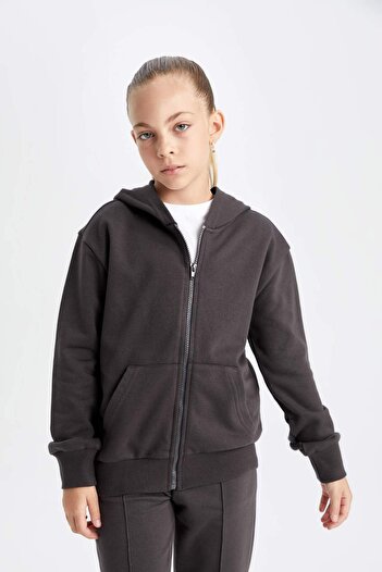 DeFacto Girls Anthracite Basic Plain Hooded Zippered School Cardigan C8110A824Au