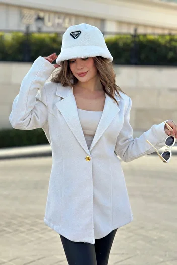 NEW LAVİVA Women's White Lined, Single Button, Body Fitting, Ribbed Stamp Fabric Blazer Jacket