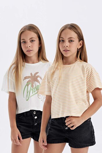 DeFacto Girls' Crop Crew Neck Printed 2-Piece Short Sleeve T-Shirt C5254A824Sm