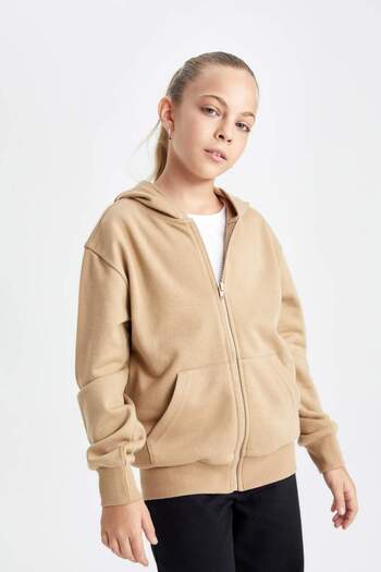 DeFacto Girls Basic Plain Hooded Zippered School Cardigan C8110A824Au