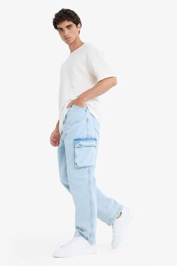 DeFacto %100 Pamuk Baggy Fit Geniş Kalıp Normal Bel Geniş Paça Kargo Cepli Jean Pantolon C7376AX24AU
