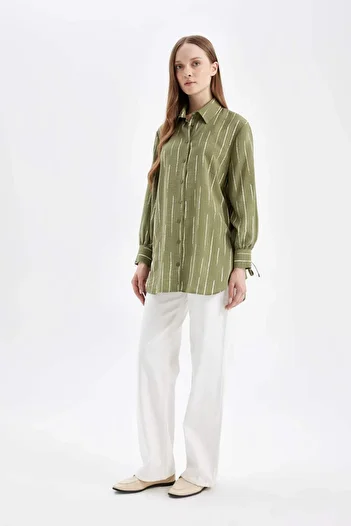 DeFacto Relax Fit Shirt Collar Striped Long Sleeve Shirt Tunic D2608Ax24Au