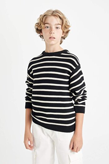 DeFacto Boy's Crew Neck Striped Cotton Knitwear Sweater C2297A824Wn