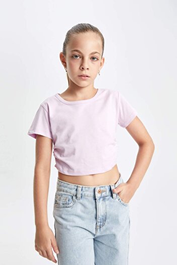 DeFacto Girls' Crop Crew Neck Basic Plain Short Sleeve T-Shirt D1838A824Hs