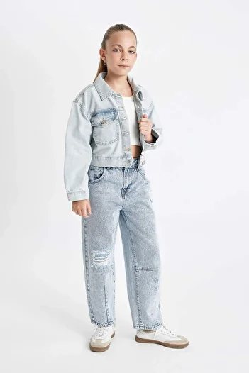DeFacto Girls' School Buttoned Pocket Short Denim Jacket C7484A824Au