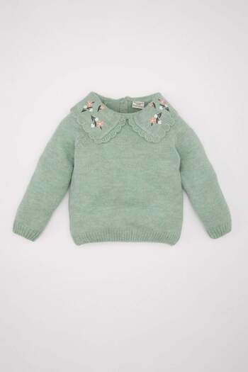 DeFacto Baby Girl Green Floral Large Collar Knitwear Sweater C8251A524Wn