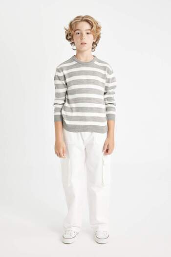 DeFacto Boy's Gray Crew Neck Striped Sweater Sweater C9656A824Au
