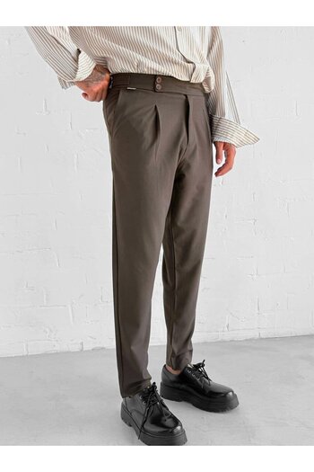ablukaonline Men's Adjustable Buckle Pleated Fabric Trousers Brown
