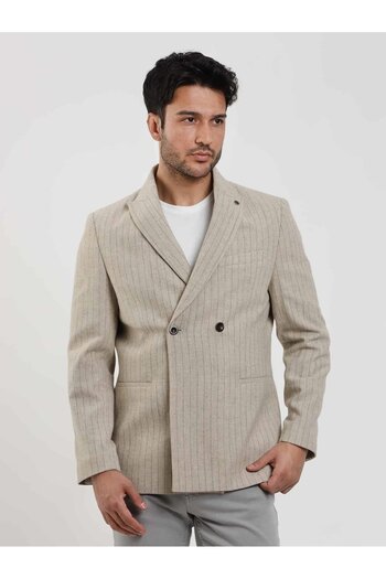 Dufy Beige Men's Regular Fit Striped Classic Pointed Collar Jacket