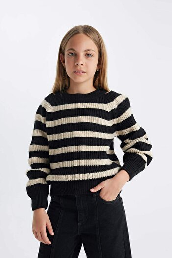 DeFacto Girls' Standard Fit Striped Crew Neck Sweater C6929A824Au