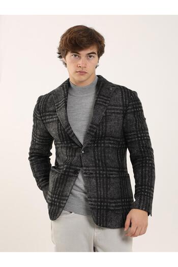 Dufy Black Men's Slim Fit Plaid Patterned Casual Mono Collar Jacket