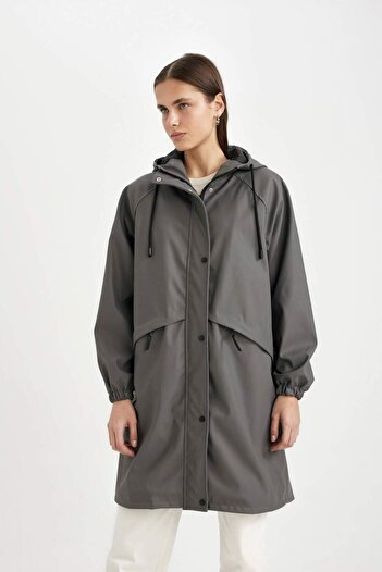 DeFacto Long Raincoat - Water Repellent, Hood, Windproof, Zip-Up and Pocket C0908Ax24Au