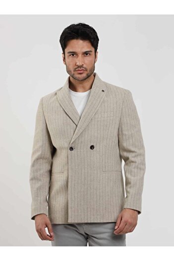 Dufy Beige Men's Regular Fit Striped Classic Pointed Collar Jacket
