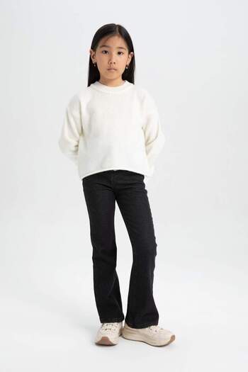 DeFacto Girl's Ecru Standard Fit Crew Neck Basic Plain Knitwear Sweater C6908A824Au