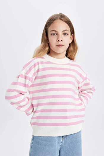 DeFacto Girls' Striped Standard Fit Crew Neck Knitwear Sweater C6903A824Au